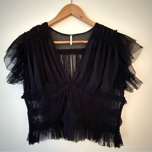 Free People Making Me Smile Black Flutter Sleeve Sheer Top Size Medium